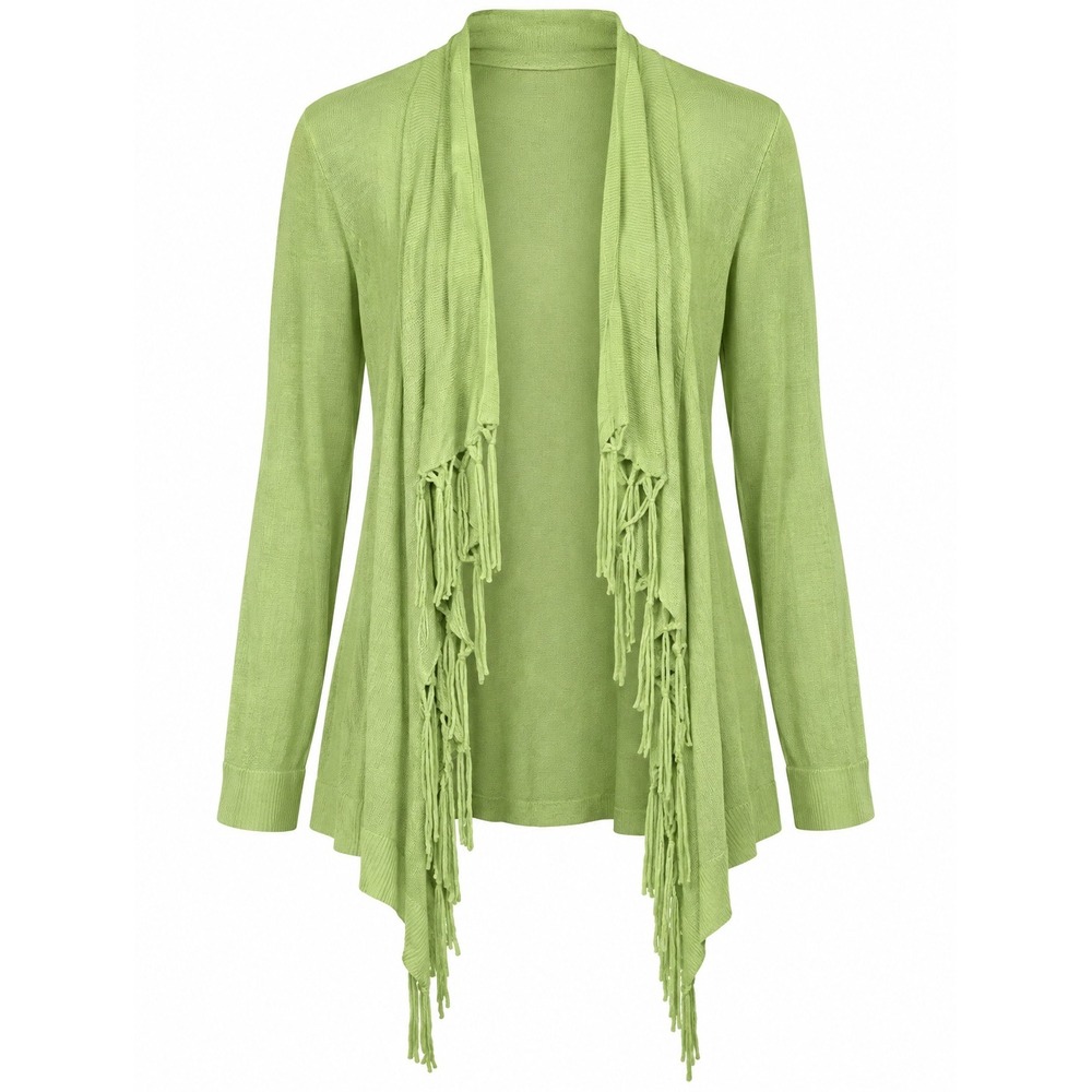 Chicos Felicity Fringe Cardigan Sweater Applemint Green Open Front Sz Large NEW